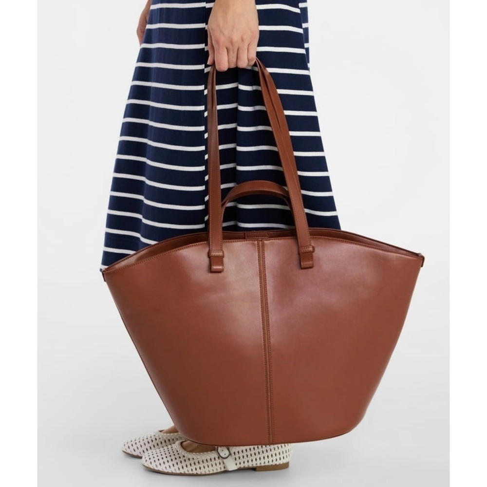 Minimalist Cognac Brown Faux Leather Double Handle NEW Tote Bag Large Shoulder